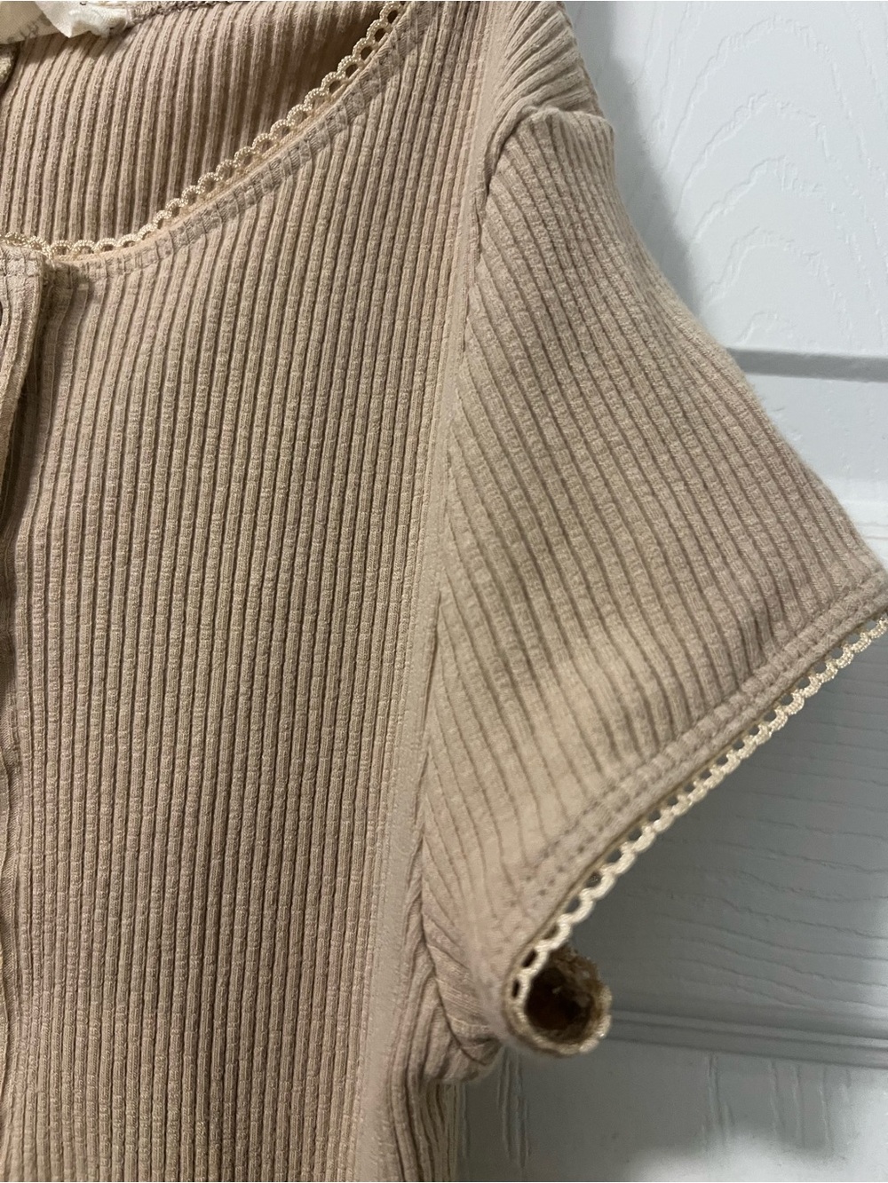 Button-Front Ribbed Top in Beige - Picture 3 of 3